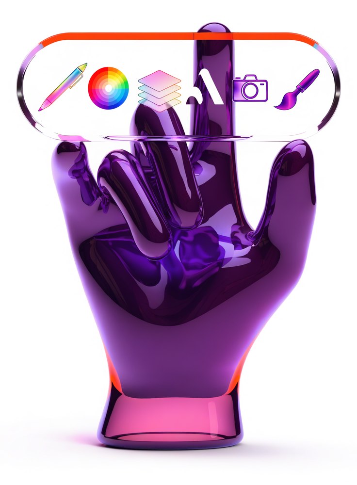 Purple 3D hand holding a creative design toolbar