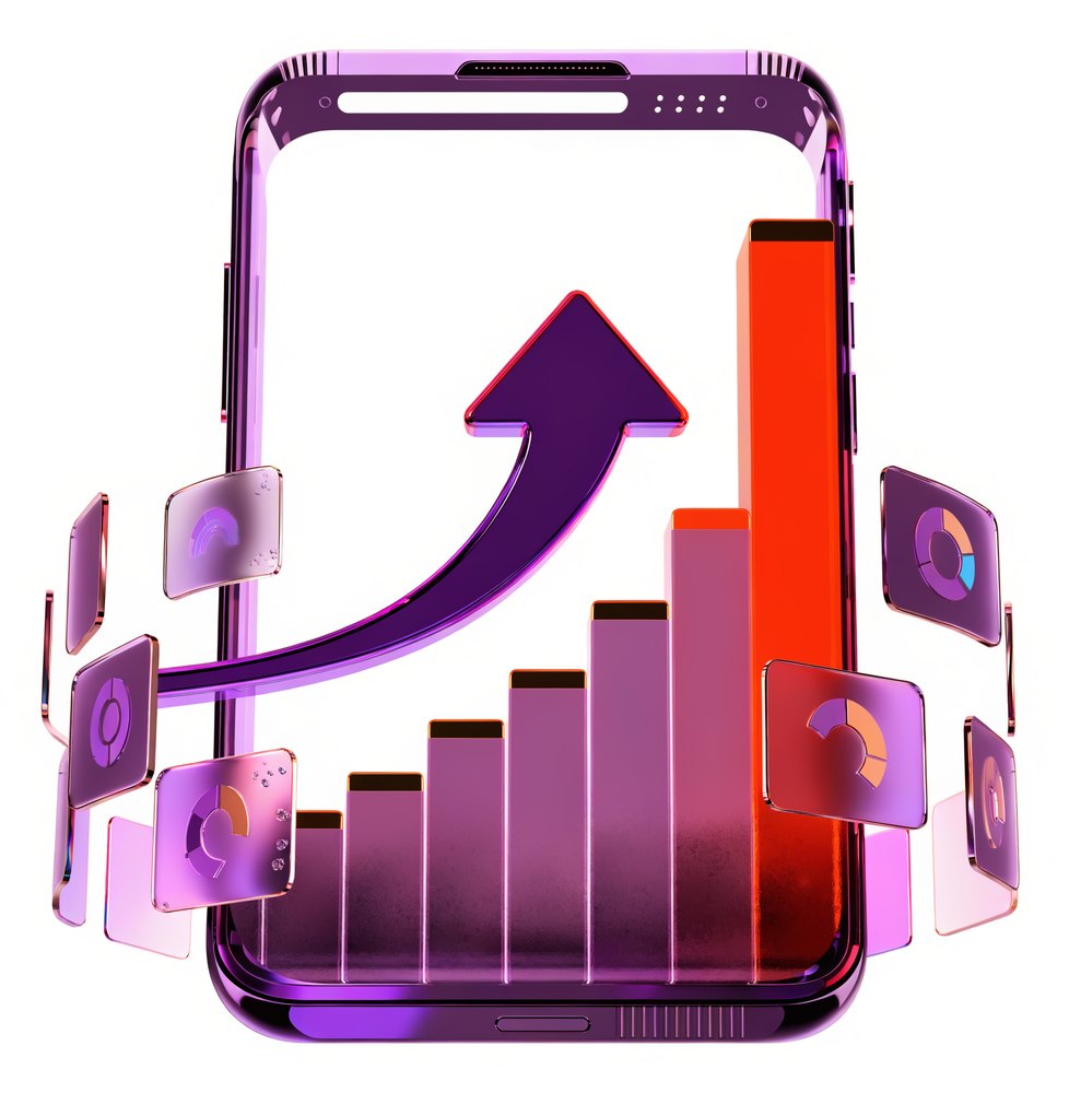 Purple smartphone framed by rising analytics charts