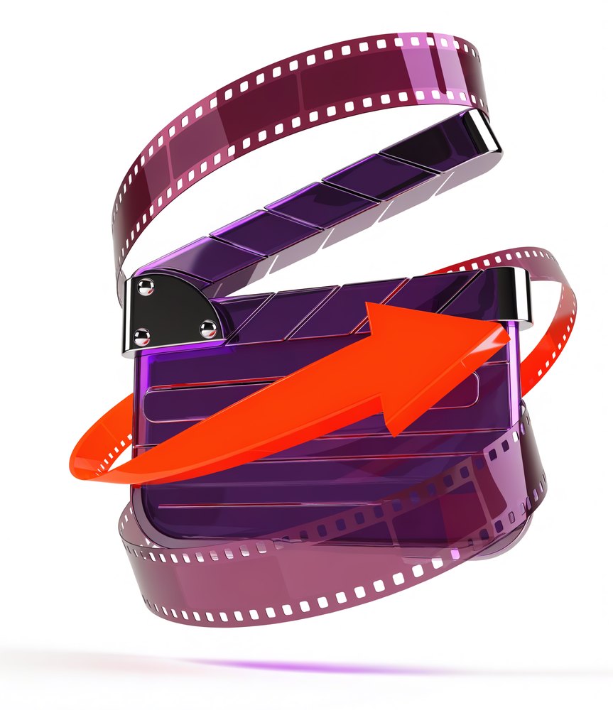 Purple clapperboard wrapped in film with an orange motion arrow