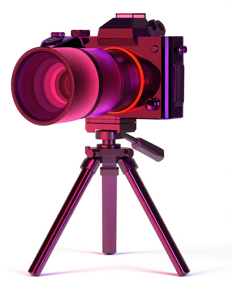 Purple studio camera mounted on a tripod