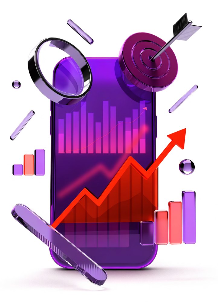 Purple smartphone analytics display with a magnifying glass and target