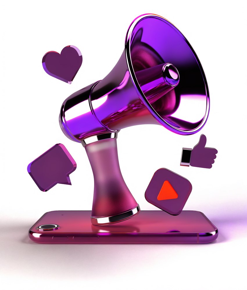 Purple 3D megaphone rising above a smartphone with social reaction icons