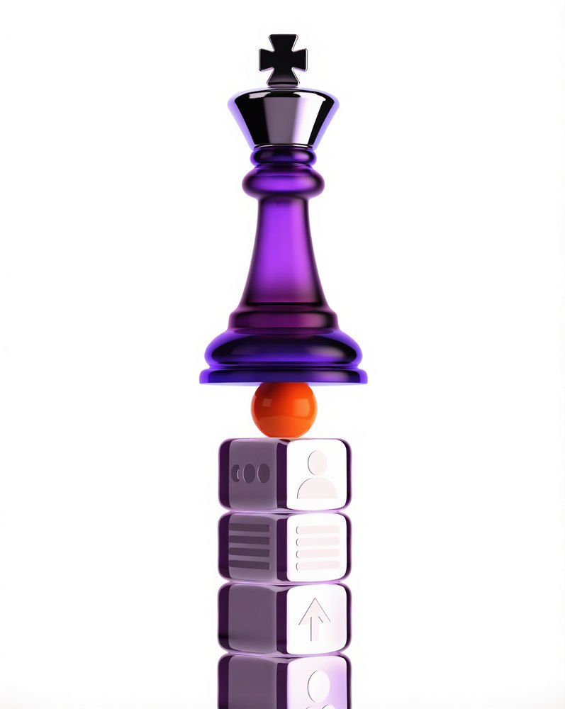 Purple chess king balanced above stacked strategy blocks